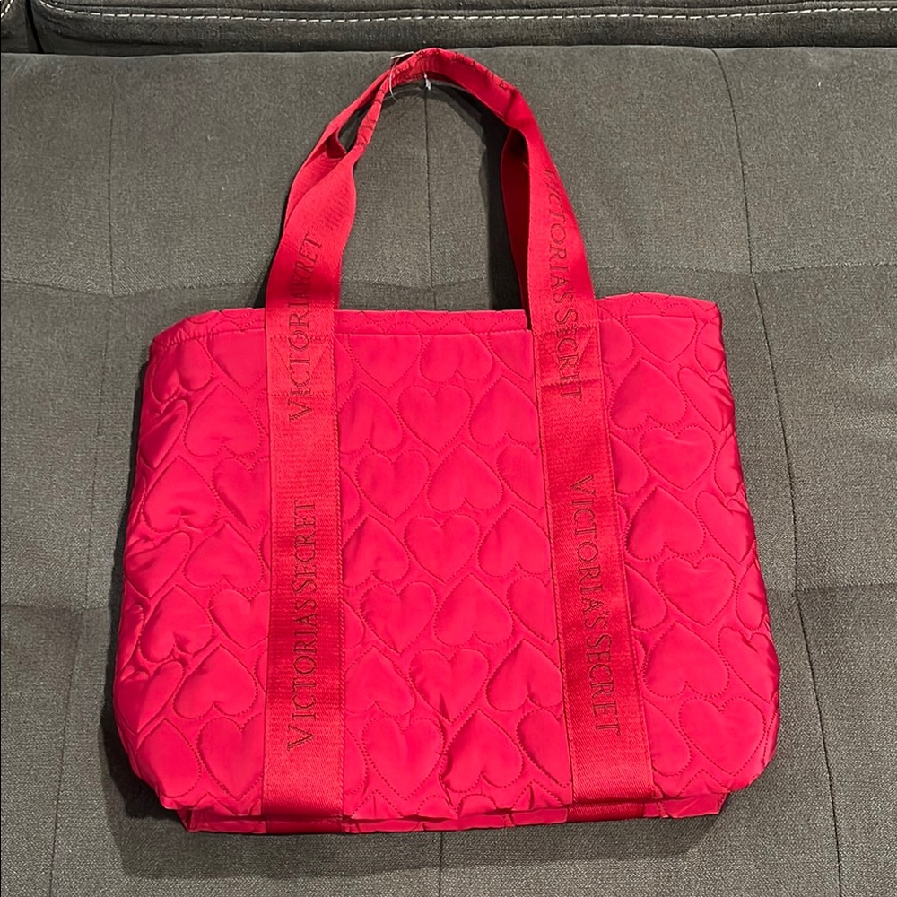 Victoria's Secret Red Quilted Tote with Reinforced Handles